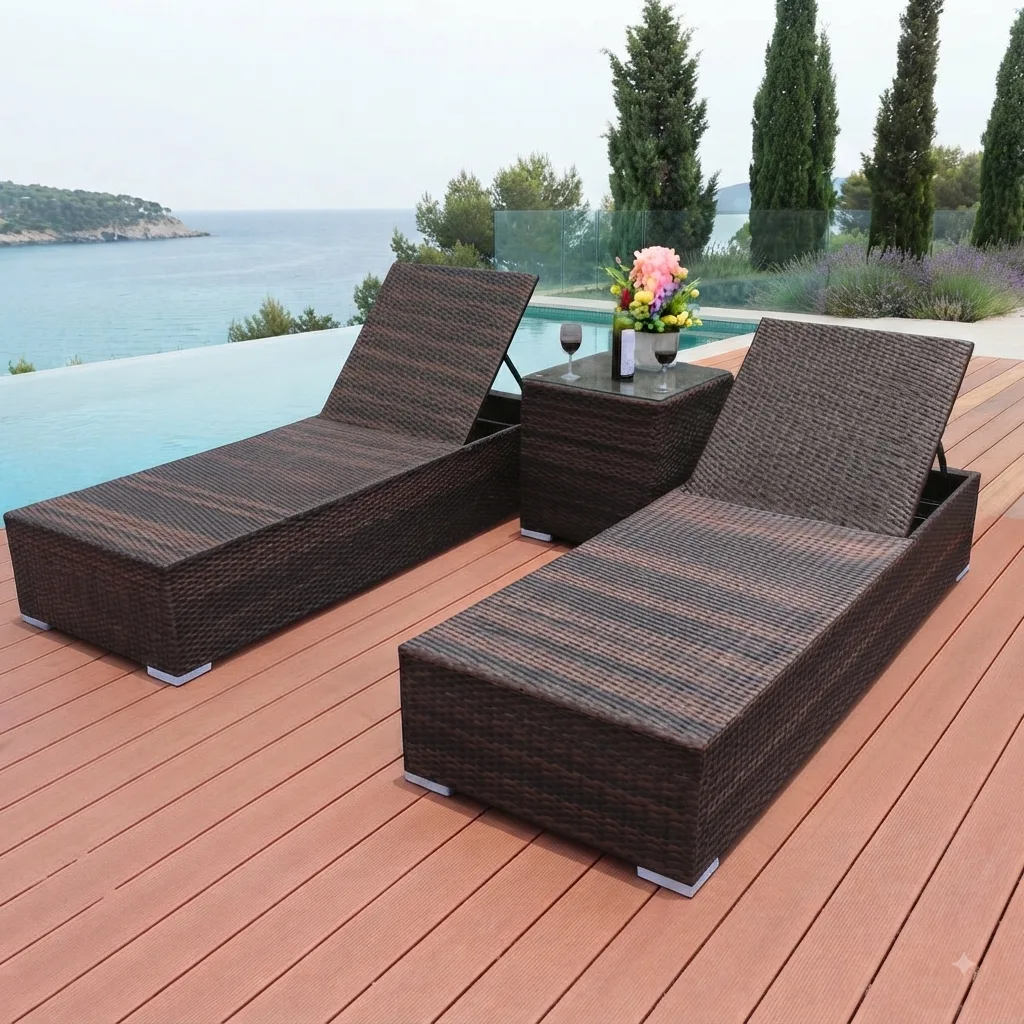 The Arsh Furniture Outdoor Rattan & Wicker Swimming Poolside Lounger Set Of 2 With Matching Side Table