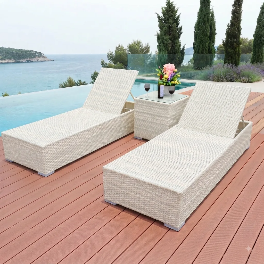 The Arsh Furniture Outdoor Rattan & Wicker Swimming Poolside Lounger Set Of 2 With Matching Side Table — Model A-39
