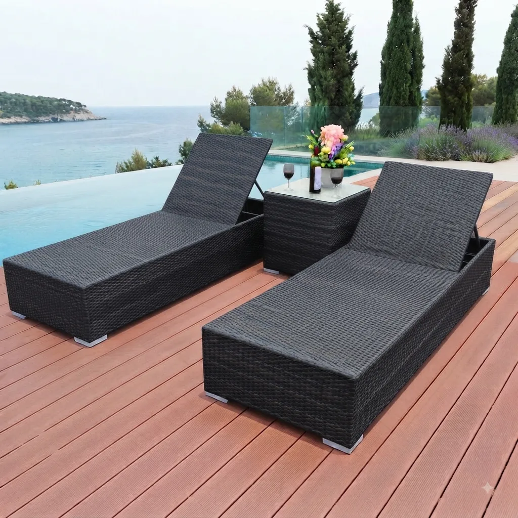 The Arsh Furniture Outdoor Rattan & Wicker Swimming Poolside Lounger Set Of 2 With Matching Side Table — Model A-39