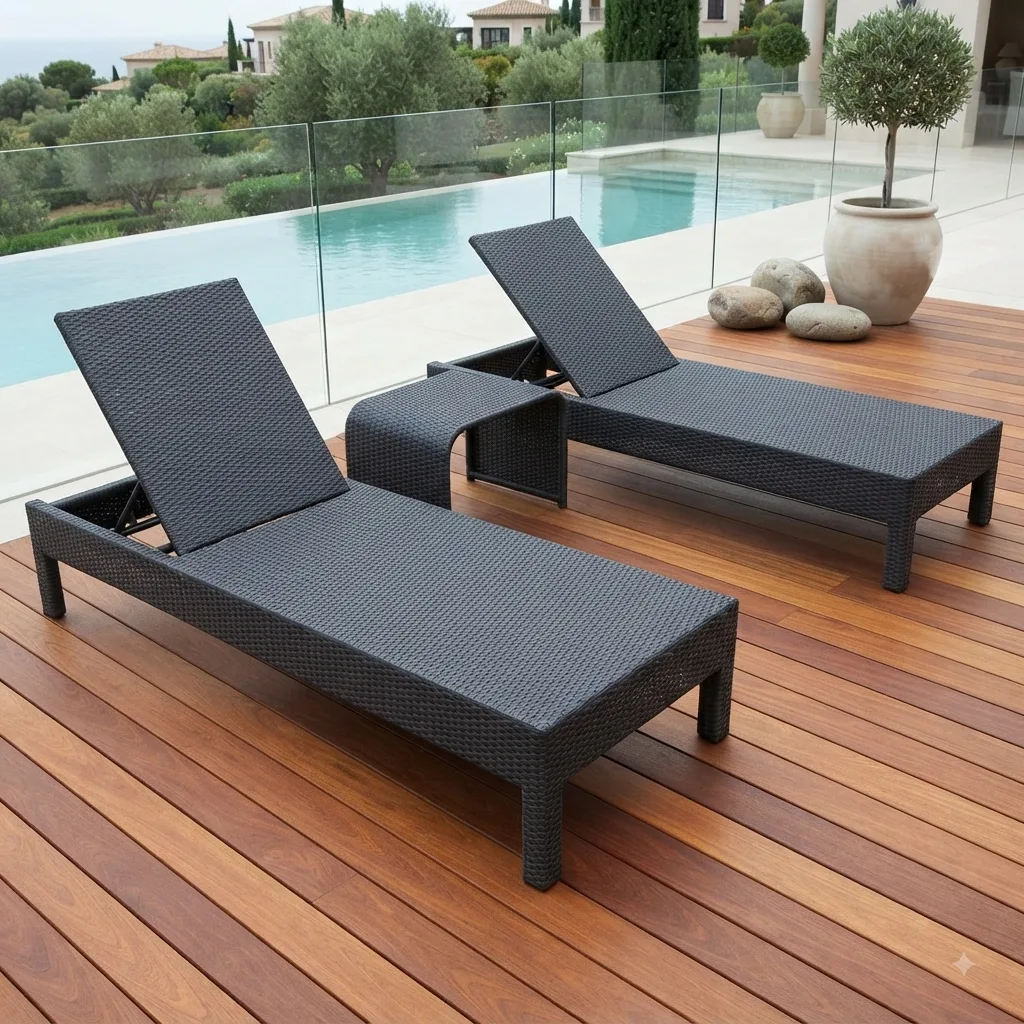 The Arsh Furniture Outdoor Rattan & Wicker Swimming Poolside Lounger Set Of 2 With Matching Side Table — Model AE-40