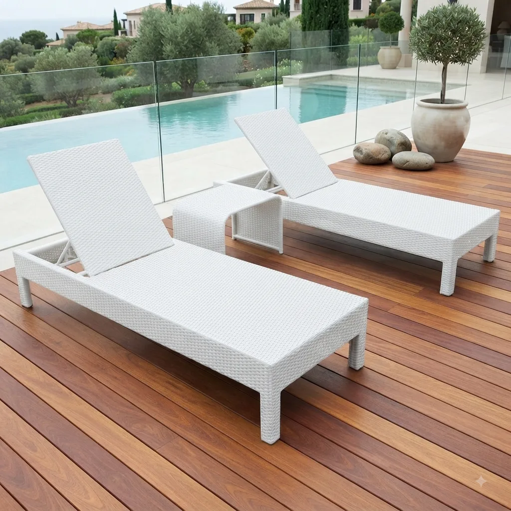 The Arsh Furniture Outdoor Rattan & Wicker Swimming Poolside Lounger Set Of 2 With Matching Side Table — Model AE-40