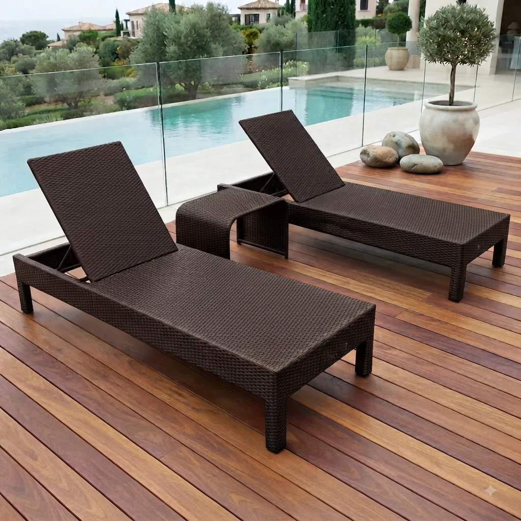 The Arsh Furniture Outdoor Rattan & Wicker Swimming Poolside Lounger Set Of 2 With Matching Side Table — Model AE-40