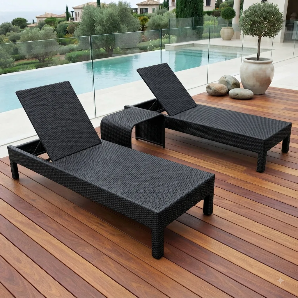 The Arsh Furniture Outdoor Rattan & Wicker Swimming Poolside Lounger Set Of 2 With Matching Side Table — Model AE-40
