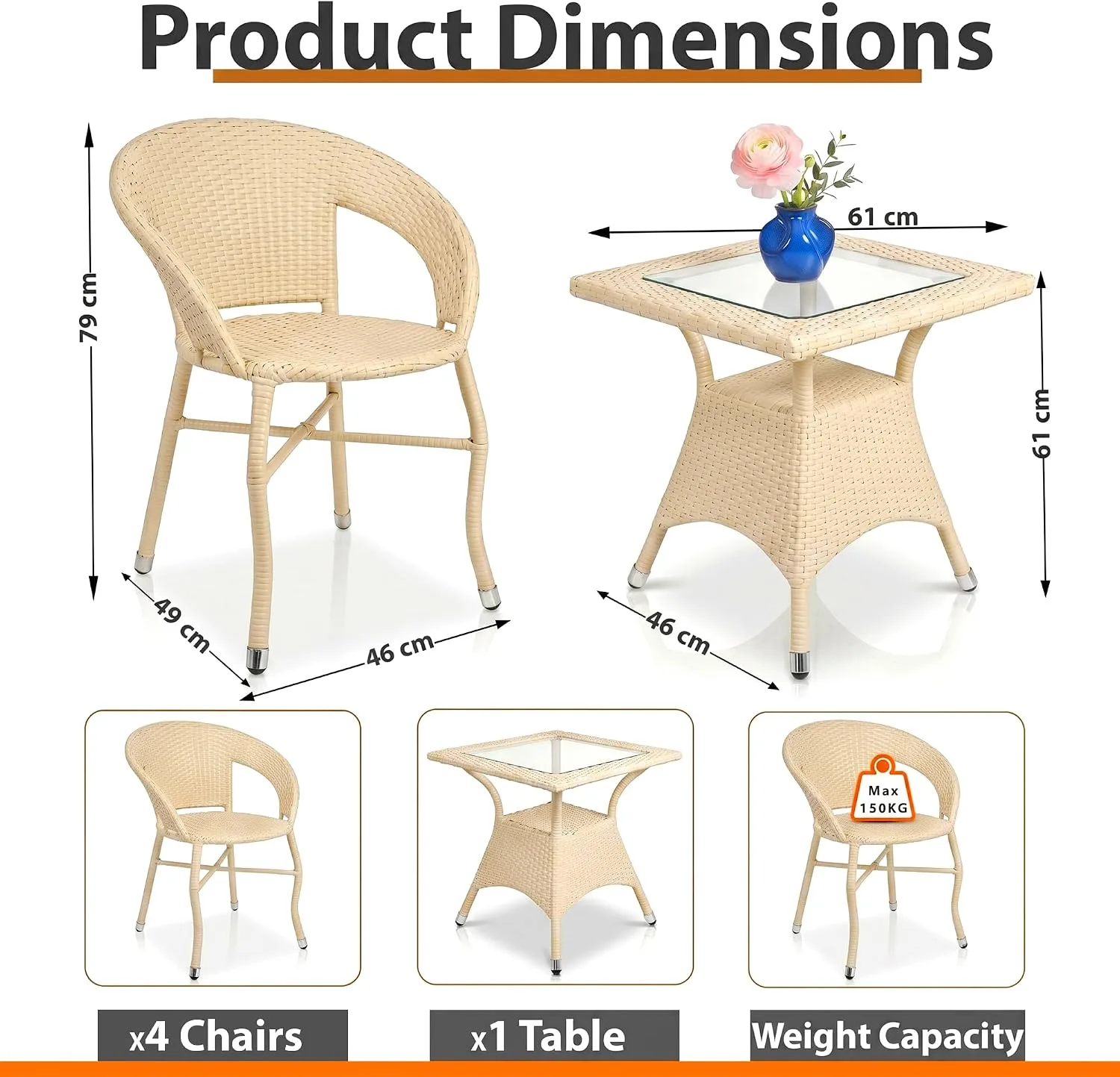 The Arsh Furniture Indoor, Outdoor Rattan & Wicker 5 Peice Dining Set 4 Chairs 1 Table — Model AE-47 D-12 (4+1)