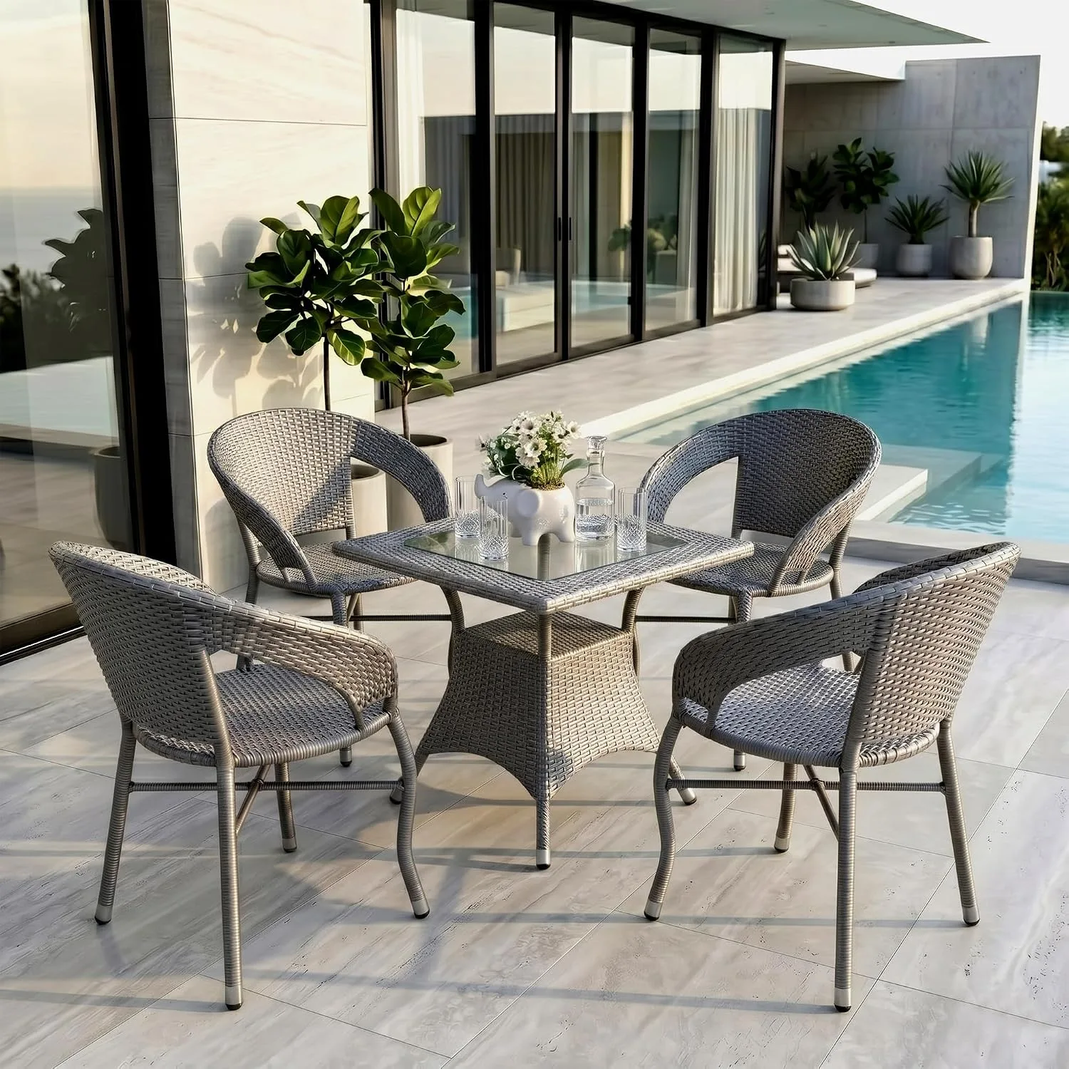 The Arsh Furniture Indoor Outdoor Rattan & Wicker 5 Piece Garden Dining Set 4 Chairs 1 Table — Model AE-49 D-12 (4+1)