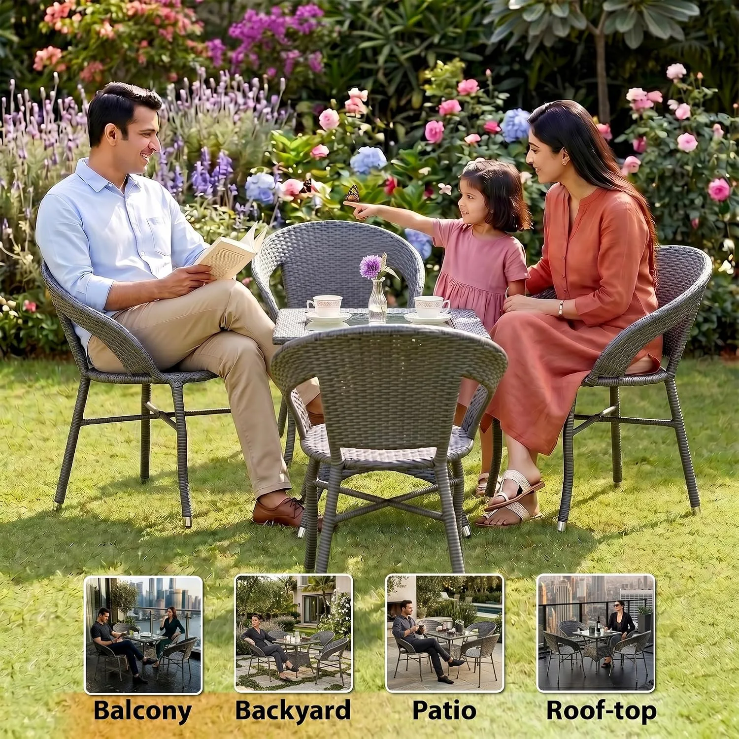 The Arsh Furniture Indoor Outdoor Rattan & Wicker 5 Piece Garden Dining Set 4 Chairs 1 Table — Model AE-49 D-12 (4+1)