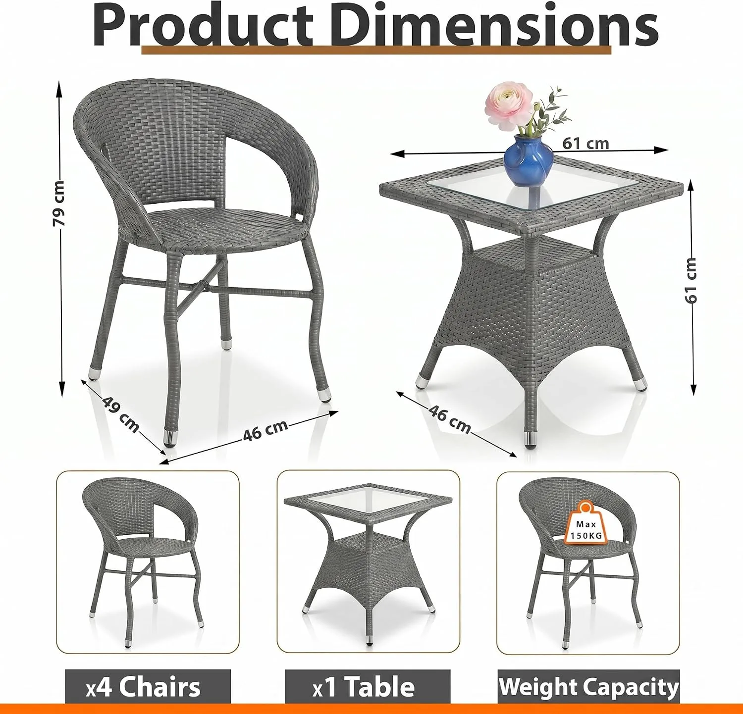 The Arsh Furniture Indoor Outdoor Rattan & Wicker 5 Piece Garden Dining Set 4 Chairs 1 Table — Model AE-49 D-12 (4+1)