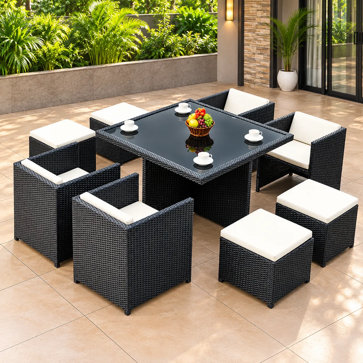 The Arsh Furniture Outdoor Rattan & Wicker Dining Table Set 4 Chair 4 Side Tool 1 Table