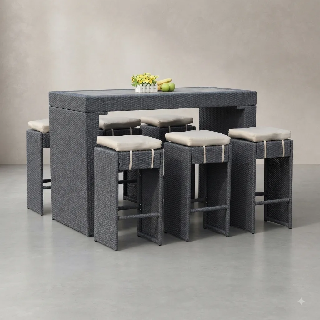 The Arsh Furniture Outdoor Rattan Wicker Bar Table Set 6 Bar Chair + 1 Bar Table