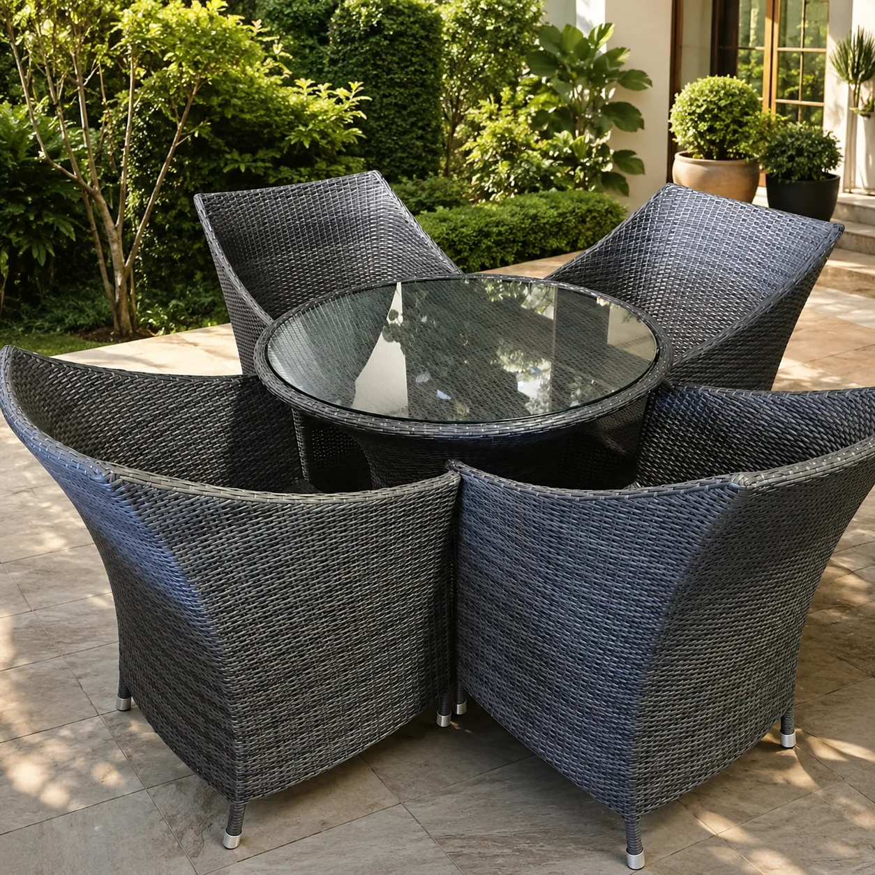 The Arsh Furniture Indoor Outdoor Rattan & Wicker 5 Piece Garden Dining Set 4 Chairs 1 Table 