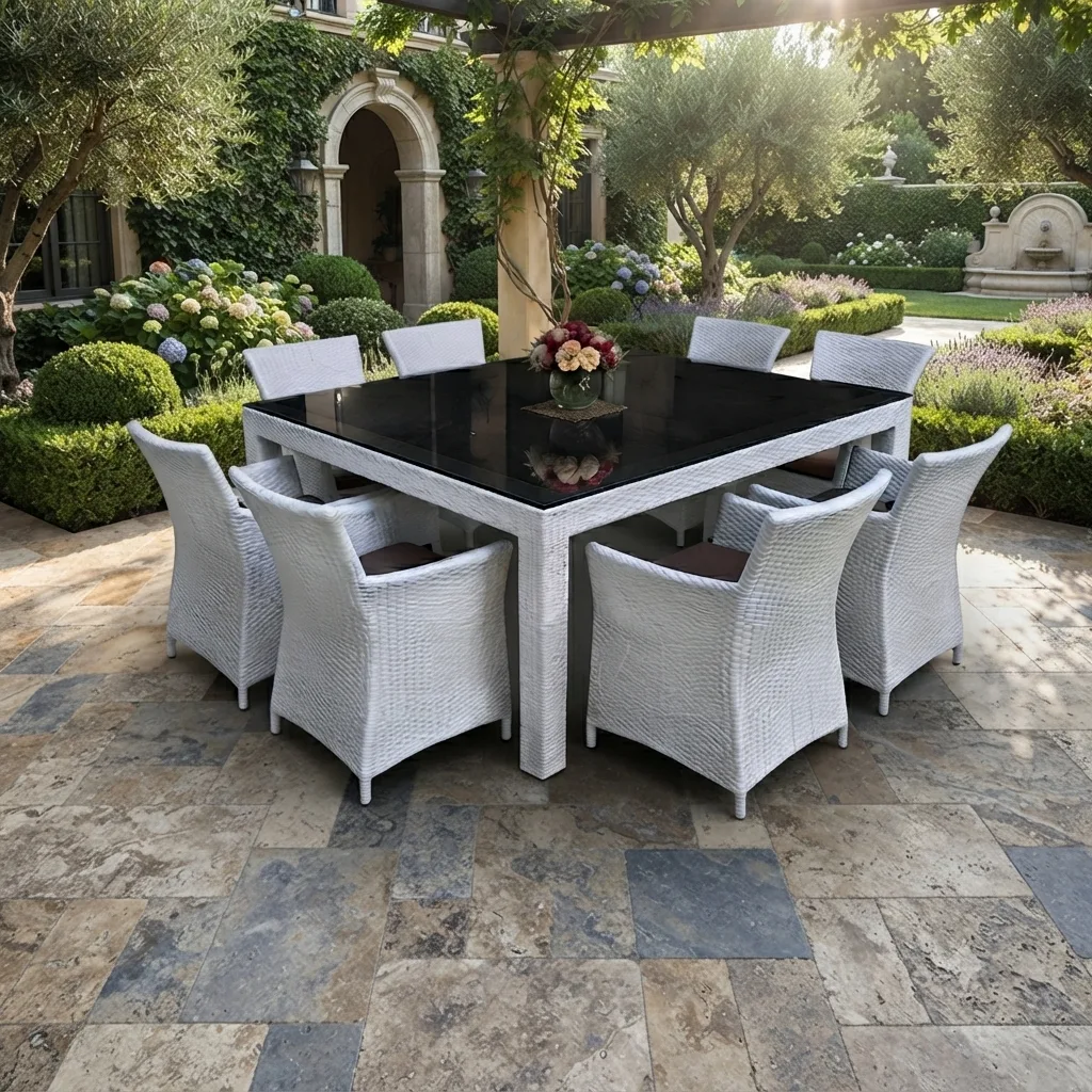 The Arsh Furniture Indoor Outdoor Rattan & Wicker 9 Peice Patio Dining Set 8 Chairs 1 Table 