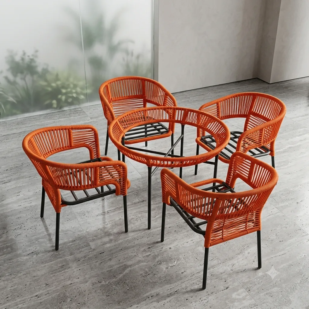 4 - Seater Outdoor Braided Rope Chair And Round Table Set - Arsh Furniture — Model AE-74