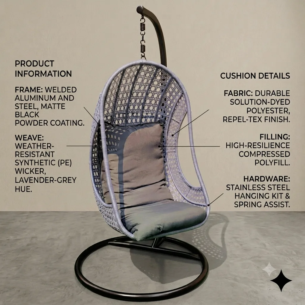 Hanging Swing Basket Egg Chair With Stand & Cushion (Silver) - Arsh Furniture  — Model AE-82