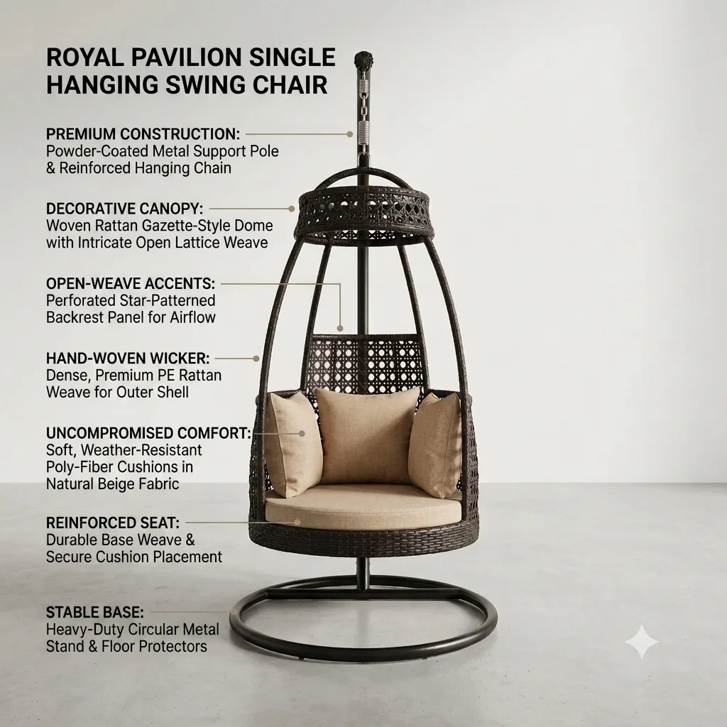 The Royal Pavilion Single Hanging Swing Chair With Stand & Cushion - Arsh Furniture — Model AE-83