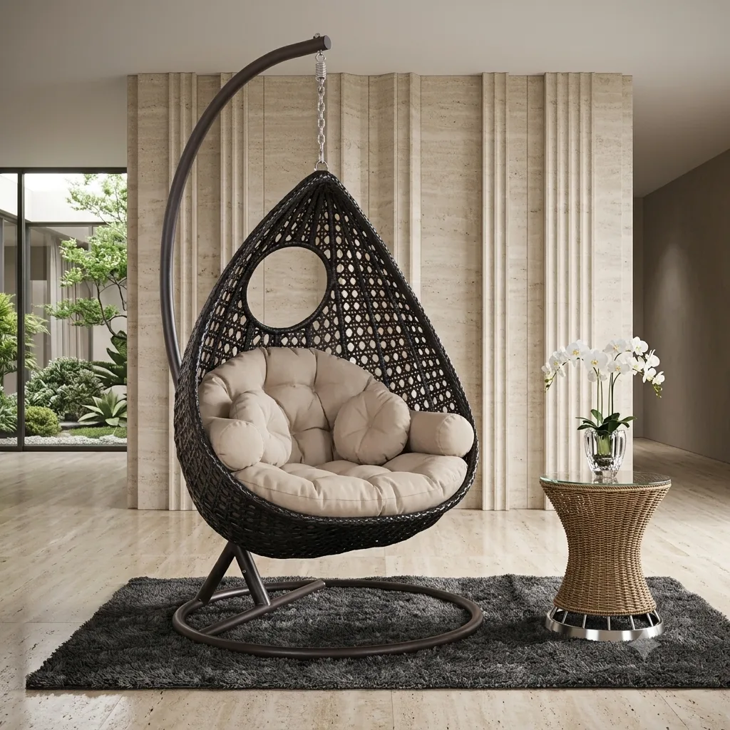 Teardrop Single-Seater Hanging Swing Chair with Stand (Tufted Round Cushion) - Arsh Furniture — Model AE-93