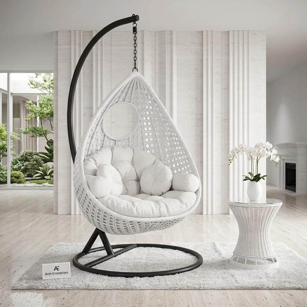 Teardrop Single-Seater Hanging Swing Chair with Stand (Tufted Round Cushion) - Arsh Furniture — Model AE-93