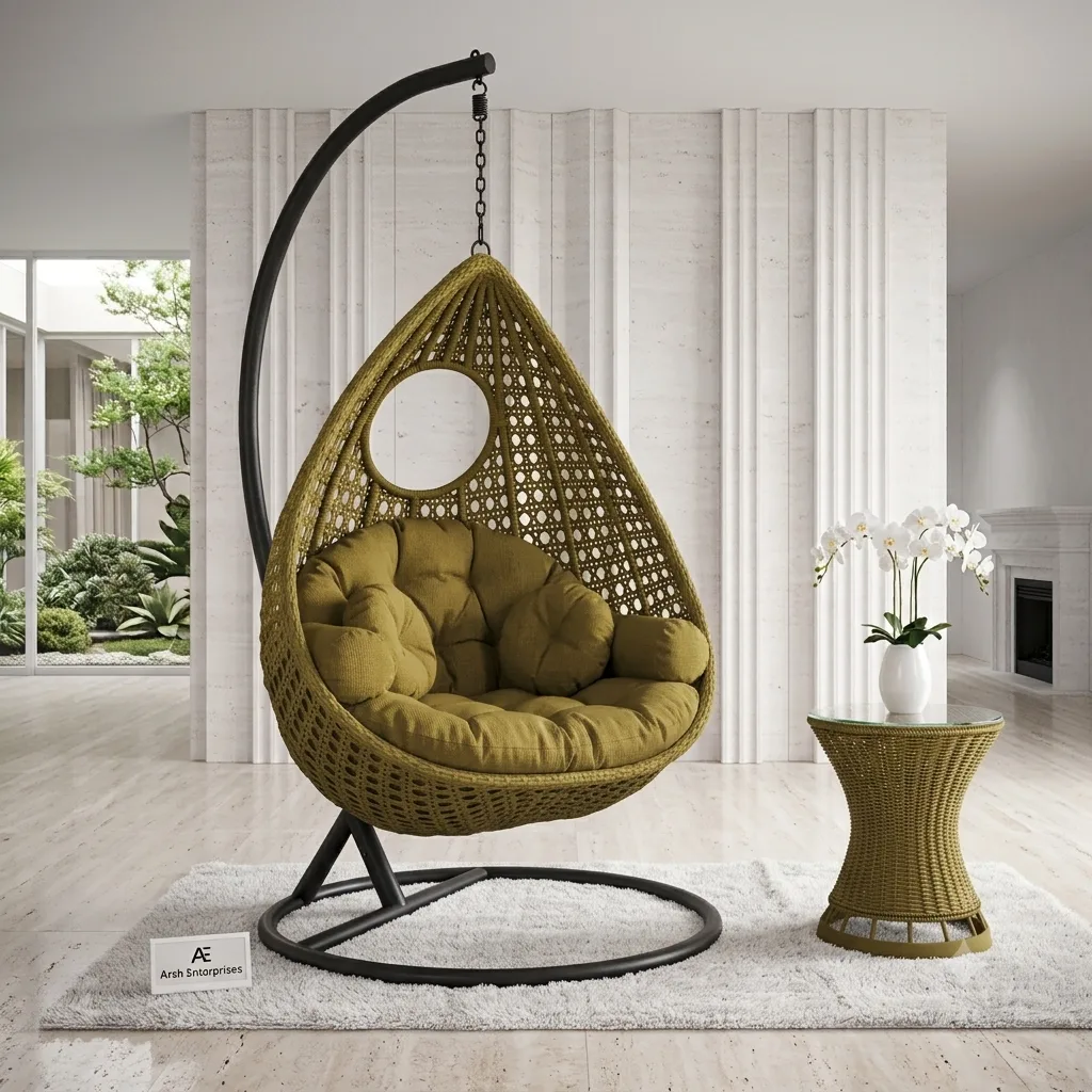 Teardrop Single-Seater Hanging Swing Chair with Stand (Tufted Round Cushion) - Arsh Furniture — Model AE-93