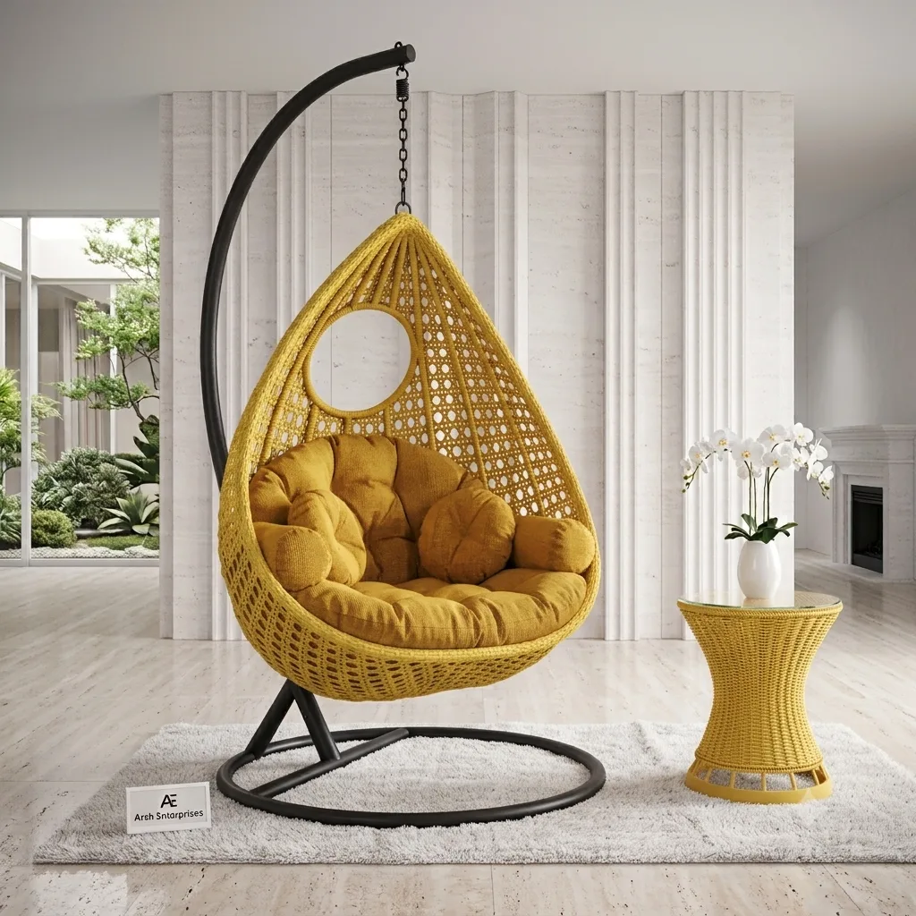 Teardrop Single-Seater Hanging Swing Chair with Stand (Tufted Round Cushion) - Arsh Furniture 