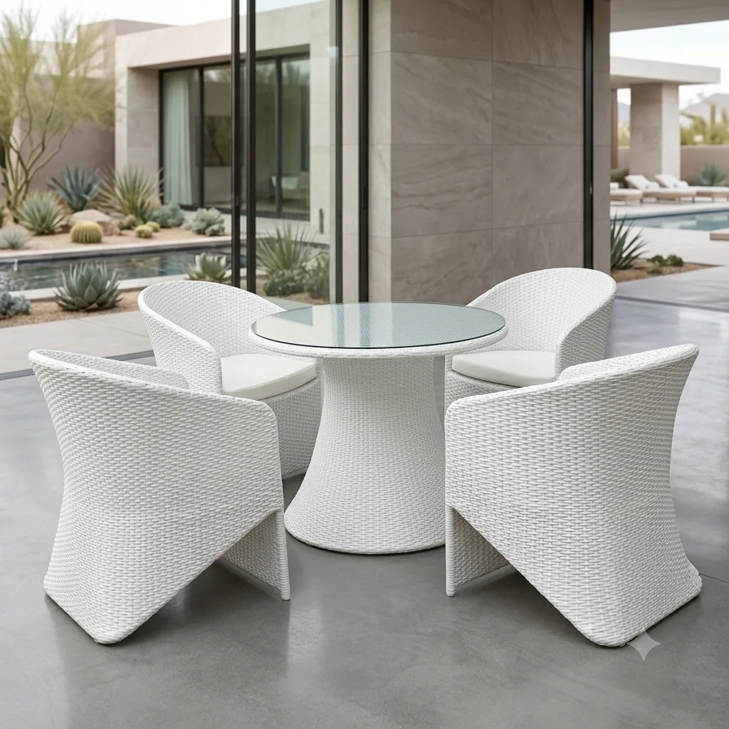 4-Seater All-Weather Wicker Round Pedestal Dining Set (with Curved Flare Tub Chairs) - Arsh Furniture — Model AE-103