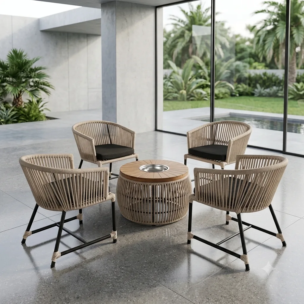 Premium Outdoor Rope Lounge Chair Set with Fire Pit Table - Arsh Furniture 