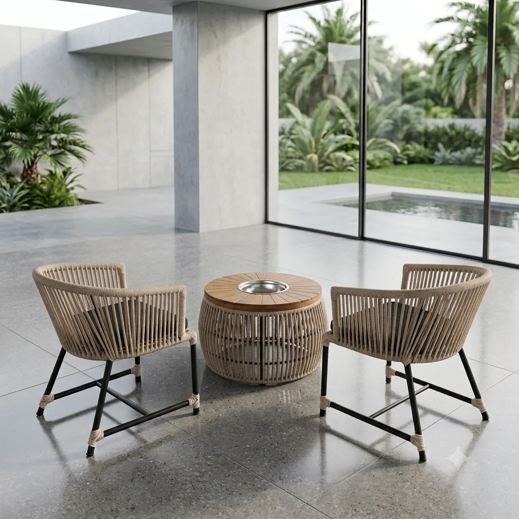 Premium Outdoor Rope Lounge Chair Set with Fire Pit Table - Arsh Furniture  — Model AE-105